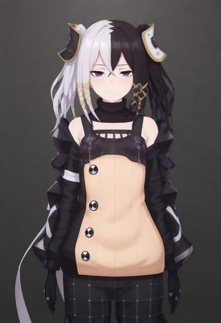 masterpiece, best quality, amazing quality,,, shiny skin,,,,,,<lora:Zesshi_Zetsumei:1> Z3ssh1Z3ts0m31, white hair, multicolored hair, black hair, long hair, two-tone hair, black eyes, gloves, jewelry, black gloves, hair ornament, skirt, pantyhose, ribbon,