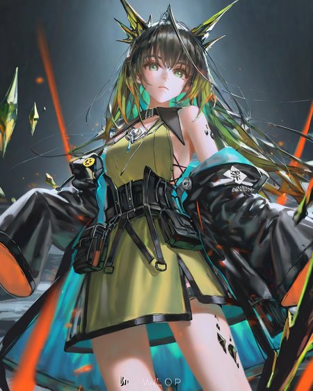 masterpiece,best quality,[[artist:wlop]],[ningen_mame],[ciloranko],[sho_(sho_lwlw)],<lora:mon3tr_(arknights)_ill:1>,1girl, character: mon3tr (arknights), solo, looking at viewer, expressionless, closed mouth, jacket, dress, black jacket, green dress, sleeves past fingers, off shoulder, sleeves past wrists, bare shoulders, material growth, personification, oripathy lesion (arknights), crystal
