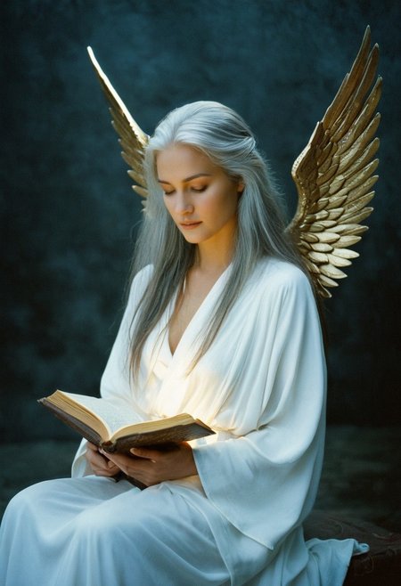 cinematic, a photograph of <lora:Kodak Portra 400 analog film stock style v2:1>Capture a (realistic photoshoot:1.5) of a (beautiful girl:1.4) embodying an elegant angel, adorned in (flowing white robes:1.3) with a soft halo above her head. She lies on her side, with (golden wings:1.2) resting gently behind her. In her hands, she cradles a (delicate bouquet of flowers:1.3) and an (ancient book:1.4), symbolizing (knowledge:1.2) and (beauty:1.2). Her (silver hair:1.5) cascades down her shoulders, and her expression is (peaceful:1.3) and (contemplative:1.2). Behind her, (faint heavenly light:1.4) streams down, casting soft shadows across the scene, with a dark background that contrasts with the (glowing light:1.5) of the angel, highlighting her grace and the serene atmosphere.