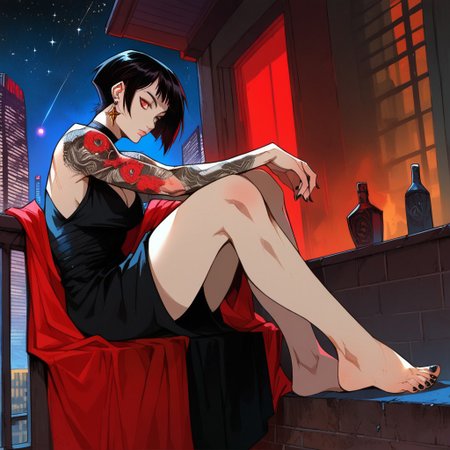 score_9, score_8_up, score_7_up, score_6_up, score_5_up, score_4_up, zPDXL2, 1girl, solo, pale skin, red eyes, black hair, short hair, bangs, cleavage, earrings, legs, feet, mid drift, city, night, stars, sitting, sleeveless, arm tattoos, black nails, roof top, balcony,