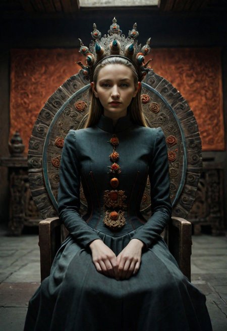 Portrait professional color grading, portrait_futurism, full shot cinematic film still by David Lynch of a pretty cute young irish short woman android sitting on a design chair in a dark brutalist living-room, buddhistic gesture, slim waist, round hips, split skirt, corset, hat, Avant-garde Fashion page, intricately detailed, depth of field, dim light, rim light, dramatic backlighting, Buddhist Thangka