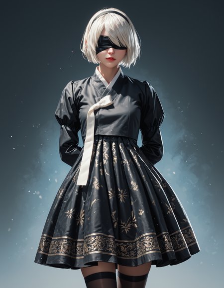 score_9, score_8_up, score_7_up, score_6_up, score_9, score_8_up, score_7_up, score_6_up, anime, black hanbok, white ribbon, black skirt, patterned skirt, black thigh highs, thick thighs, 2b, nier automata, blindfold, white hair, very clear image, detailed face, detailed character design, ultra-high resolution, perfectly composed, clear, breathtaking attention to detail, highres, ultra detail, 8k wallpaper,