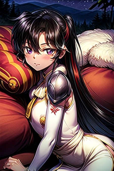 best quality 1girl Setsun4 solo long hair,  (night time) forest background black hair very long hair purple eyes multicolored hair armor, small, (fur trim) (medium body),<lora:EMS-179-EMS:0.800000>,<lora:EMS-293862-EMS:0.800000> bow, hair_bow, hair_tubes, red_bow, brown_hair, long_hair, bangs, ascot, frilled_bow, yellow_ascot, blush, smile, hair_between_eyes, athletic, armor, miko, ,(((intricate outfit,intricate clothes,embroidered outfit,ornate outfit,embroidered clothes,ornate clothes))), laying down, lying down