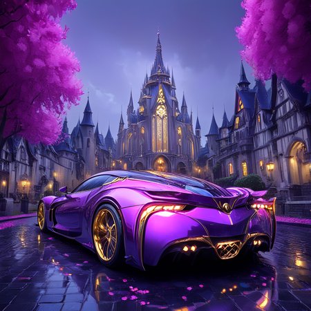 <lora:NeonFantasySDXL:1> ArsFriends, The image is a digital illustration of a futuristic sports car parked on a cobblestone street in front of a castle. The car is a purple sports car with gold accents and has a sleek and aerodynamic design. It has a large front grille and a curved roofline with a large spoiler on the back. The street is lined with trees with pink flowers on either side and there are buildings with ornate architectural details on both sides. In the background there is a large cathedral with a tall spire and a clock tower. The sky is dark and cloudy and the overall mood of the image is mysterious and magical., ground vehicle, car, motor vehicle, no humans, vehicle focus, moon, night, sky, outdoors, tree