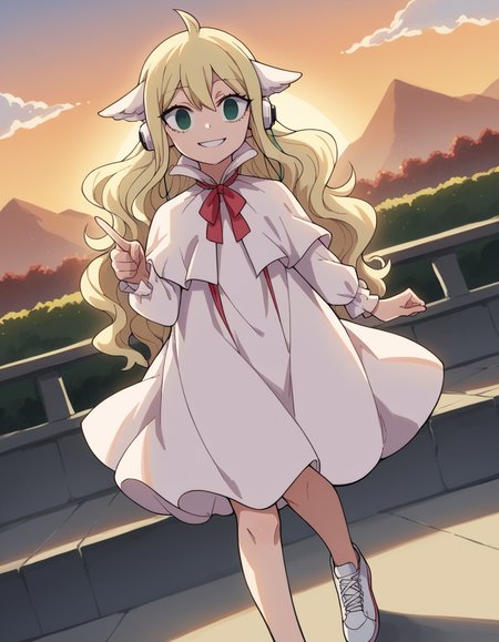 score_9, score_8_up, score_7_up, source_anime, <lora:mavis-vermillion-anime-ponyxl-lora-nochekaiser:1>, mavis, long hair, blonde hair, green eyes, ahoge, wavy hair, animal ears,, dress, white dress, collar, ribbon, red ribbon, capelet, long sleeves,, suburban neighborhood, morning jog, earphones, running shoes, fresh air, sunrise, smile, , hand pointing index finger, solo,, cowboy shot, dutch angle