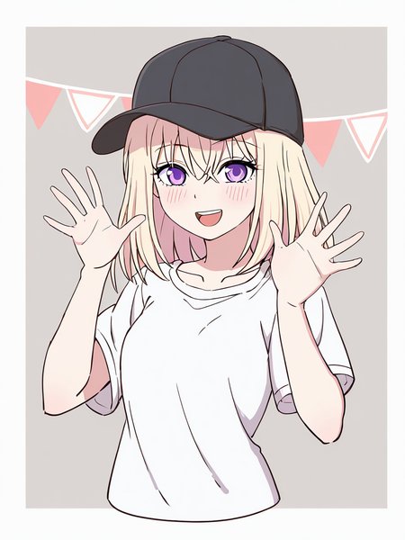 masterpiece,best quality,amazing quality,very aesthetic,absurdres,<lora:misumi_uika_ill_sdxl:1>,pennant, upper_body, grey_background, baseball_cap, white_shirt, blush, misumi_uika, cropped_torso, white_border, short_sleeves, :d, open_mouth, looking_at_viewer, 1girl, upper_teeth_only, hands_up, string_of_flags, small_breasts, black_hat, solo, collarboneï¼white background,
