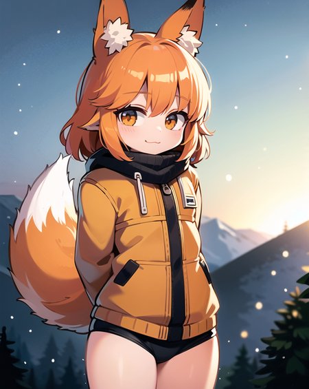 masterpiece, best quality, ultra-detailed, illustration, epic lighting, cinematic composition, colorful, 1girl, looking at viewer, :3, blush, arms behind back, cute, petite, fox girl, fox ears, large ears, fox tail, large tail, animal ear fluff, fluffy, orange hair, jacket, outdoors, cottage, winter, snow, pine trees, mountains, sunny, cowboy shot, (extremely detailed CG:1.2), (8k:1.1)