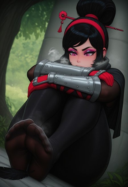picturd,  outdoors, undershirt, falling feathers, black bodysuit, hair stick, hugging own legs, , gauntlets,   eyeshadow,   red gloves,  high ponytail,  , black capelet, red hairband, pink eyes, 1girl, solo, feet, visible breath,   dynamic angle, foreshortening, smell, steam,