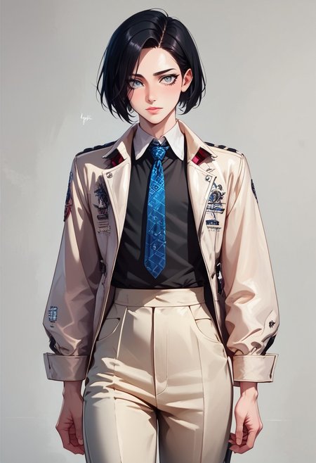 score_9, score_8_up, score_7_up, 1boy, femboy, otoko no ko, short hair, bob cut hair, black hair, grey eyes, gray eyes, feminine face, toned body, Shelly, 1930s fashion style, vintage, collared shirt, jacket, tie, pants, formal, highly detailed, intricate, zzCitronCAT, pose, modelshoot