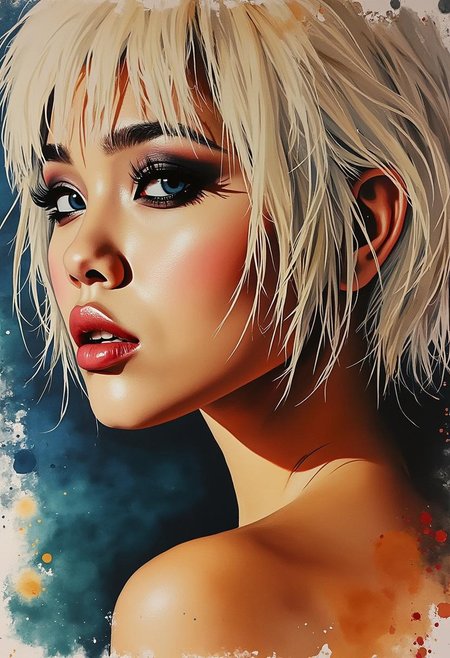 magnificent, abstract pop-art image, expressive watercolour, photorealistic, extreme closeup side portrait of Filipino young woman, shaggy bleached-blonde bob, dark eyeshadow, averted gaze, sensual, sexy, seductive, erotic, signature "Carp37"