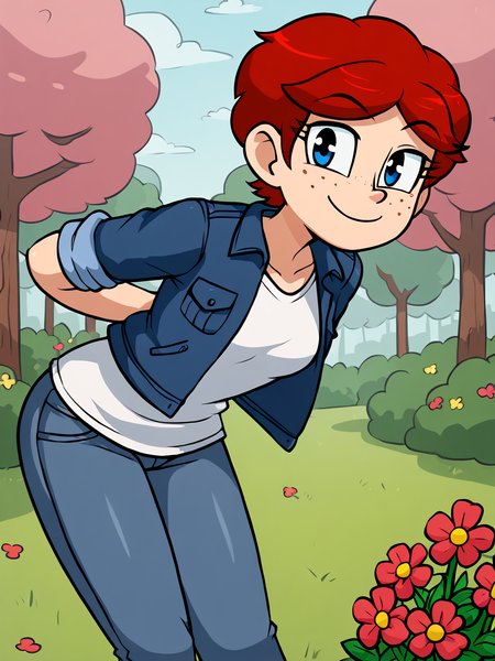 score_9, score_8_up, score_7_up,  score_6_up, BREAK, N1ch0le,  1girl, solo, short hair, blue eyes, red hair, freckles, white shirt, blue jacket, jeans, sleeves rolled up, in the park, hands behind back, leaning forward, smile, looking at viewer, flower, tree  <lora:Nichole-000010:1>
