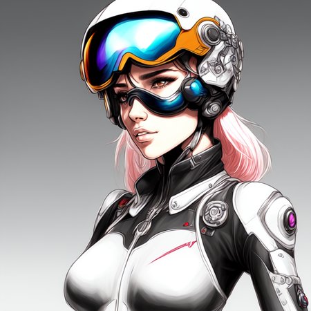 (BionicBikerGirl style:1) a drawing of a woman wearing a helmet and goggles <lora:BionicBikerGirl:1>