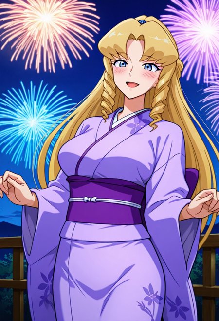 score_9,score_8_up,score_7_up,source_anime,5_figner,2d_animation,game cg,BREKE,1girl,solo,
Hamagurihime,blue eyes,blonde hair,drill hair,long hair,bangs,jewelry
lightpurple kimono,purple obi,sash,japanese clothes,large breast,
smile,cowboyshot,openmouth,lovey-dovey,blush,happy,
Kyoto,Night,firework,
masterpiece,best qualit,ultra-detailed,illustration,an extremely delicate and beautiful,beautiful detailed eyes,unity 8k wallpaper,high resolution,anime CG,official_art,