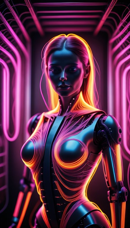 colorful chaos, vivid colors, striking visual design, <lora:add_detail:0.75>, <lora:sharpen-soften:-0.2>, <lora:stylesqueeze_v2:0.25>, <lora:realistic:0.25>,
1 girl, adult  woman, freckles, hazel eyes, auburn half-up half-down hairstyle,
portrait, solo, upper body, looking at viewer, detailed background, detailed face, (<lora:1970RetroFuturism:0.6>, 1970retrofuturism, 1970s theme:1.1), android, cyborg, mechanical limbs, mechanical eyes, wires,  advanced technology, dynamic pose, emotionless,  artificial intellgience, steel, digital implants, nanobots, electronics, gadgets, powered by electricity, holograms, particle effects, bright  lights, neon colors, cables in background, cinematic atmosphere, <lora:isobug:1.25> <lora:speedy1p5:1.15>