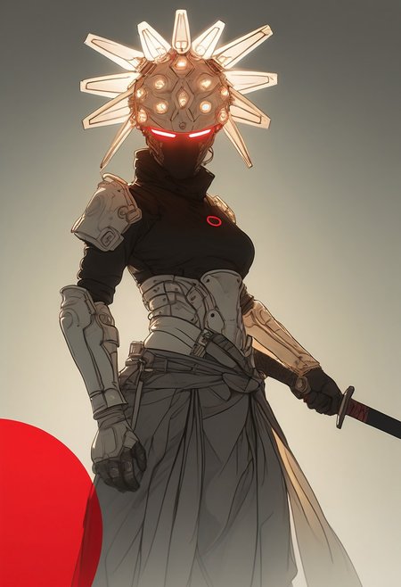 Anime Sketch By hergé, Shrouded Silhouette of a mysterious sexy Cyborg Samurai with katana wearing a black translucent automaton helmet, intricate translucent technical helmet details, Red circle Background, atmospheric lighting, novuschroma60 style bokeh, The photo features faded colors, with a limited palette of gray, beige, and washed-out red, capturing her cool, striking appearance.. cinematic composition, soft shadows, national geographic style,