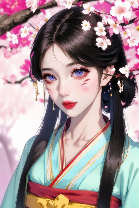 1girl, detailed eyes and skin, black hair, fashi-g, facial mark, flower, hair ornament, hair rings, kimono, makeup, sash, solo, upper body, cherry blossoms, shrine, <lora:fashionGirl_v52:0.7>,pureerosface_v1  <lora:beautifulDetailedEyes_v10:0.4>