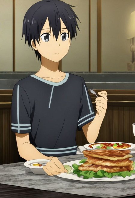 high resolution, solo, best quality, 1Boy, Kazuto Kirigaya, Black Hair, Black Eyes, dating, romantic, dinner, OverallDetail
