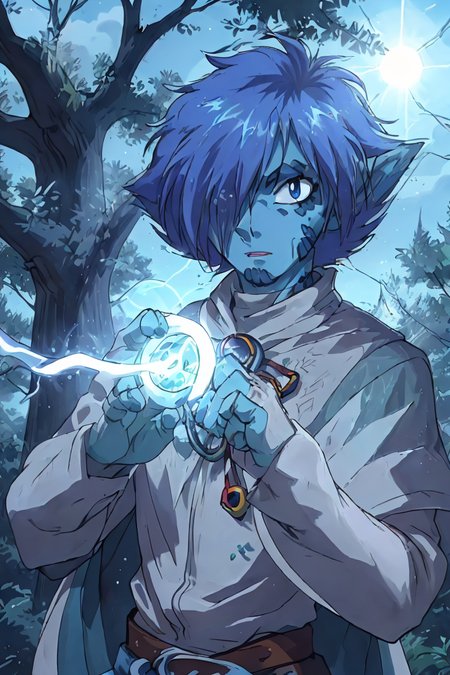 (masterpiece), 2D animation, 90s anime style, detailed face, expressive eyes,
1man, looks like Zelgadis, has blue skin,
focused expression, casting spell, detailed hands, swirling magic, 
detailed background, vibrant magical forest, cinematic lighting, daytime, sunshine,
(cowboy shot:1.2), 
<lora:Zelgadis001:0.8> zelgadis, blue skin
<lora:muscle_slider_v1:-1>, <lora:weight_slider_v2:-1>
 <lora:Concept - Cryomancer:0.4>