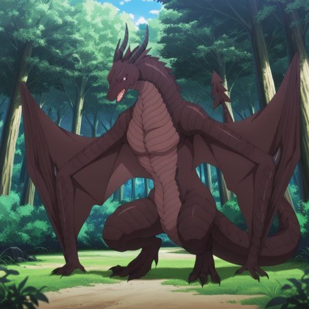 masterpiece, best quality, amazing quality, varneydrgnil, semi-anthro, male, wyvern, black scales, red eyes, pink sclera, winged arms, horns, standing, forest,, full body,