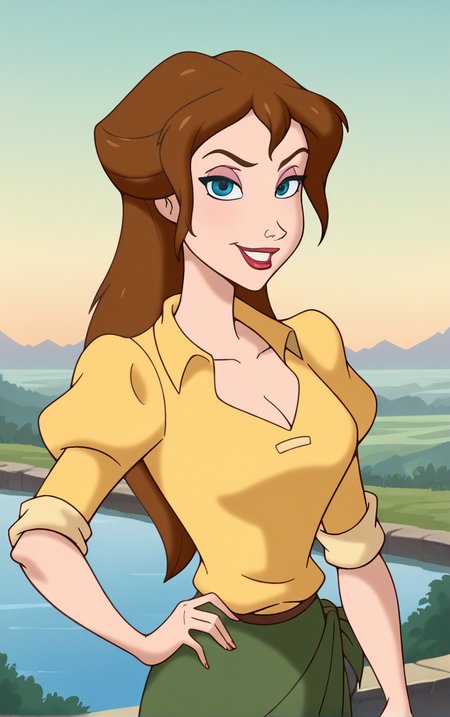 score_9, score_8_up, score_7_up, looking at viewer,  BREAK
MainOutfit_JanePorter_ownwaifu, 
1girl, blue eyes, breasts, brown hair, long hair, makeup, lipstick, ponytail, eyeshadow, medium breasts, lips, red lips, 
yellow shirt, collared shirt, green sarong, green skirt, long skirt, puffy sleeves, sleeves rolled up, short sleeves, puffy short sleeves, sleeves pushed up, juliet sleeves, belt, cleavage, collarbone,
(contrapposto, hand on hip), sunset, sidelighting, cityscape, vanishing point, outdoors, <lora:PONYXL_Tarzan_JanePorter_ownwaifu:0.9> , depth of field, solo,