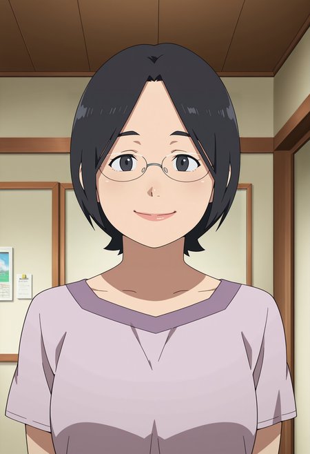 1girl,solo,mm,mature female,short hair,black hair,black eyes,glasses,anime coloring,
shirt,upper body, looking at viewer, smile,indoors
,masterpiece,best quality,amazing quality,<lora:Masami_Onozawa-Tokyo_Magnitude_8.0_IL:0.8>