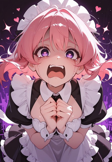 1girl, CivChan, hunched over, three quarter view, pink hair, purple eyes, tearing up, heart-shaped pupils, hands to chest, sparkle, crying, happy, screaming, open mouth, clasped hands, floating hearts, glitch, maid outfit, [yandere], looking at viewer,
(takashia \(akimototakashia\):0.5), (sam yang:0.5), (ciloranko:0.5), (moshimoshibe:0.5),
[masterpiece, best quality, absurdres, very aesthetic, dynamic pose]