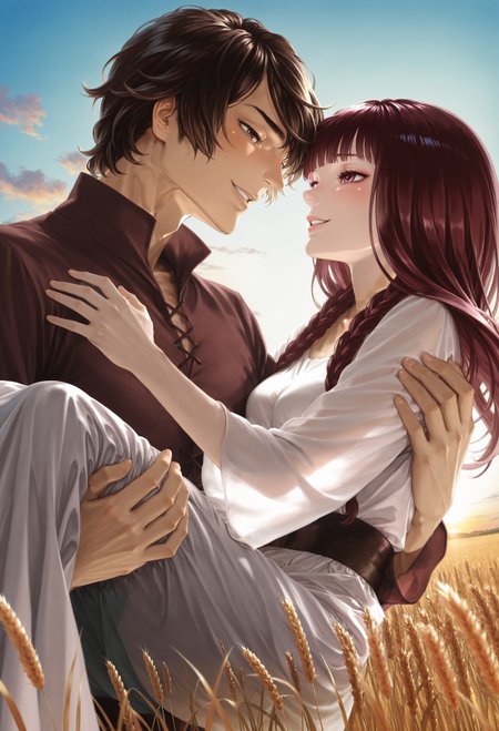 masterpiece, best quality, very aesthetic, highly detailed, detailed, absurdres, highres, newest, moyataro, couple, 
((1girl, morgana_hifm, blush, happy, beautiful smile, parted lips, glossy lips, looking at another, being carried))
BREAK
((1boy, jacopo_hifm, holding hands, holding another's hand, looking at another, standing, princess carry))
BREAK
side view, blue sky, wheat field, film grain, cinematic lighting, sunset, ((scenery focus))
dynamic angle, depth of field, detailed background,
