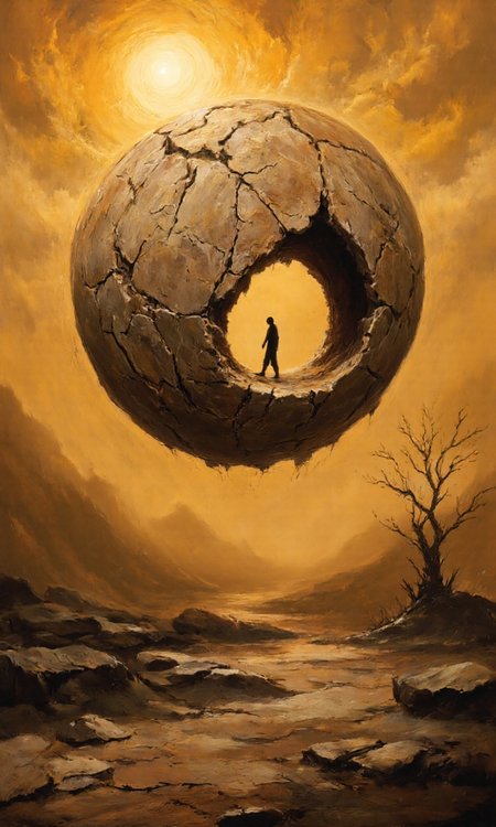 painting with a dreamlike, otherworldly atmosphere. At the center of the composition is a large, spherical, rocky formation that appears to be floating in mid-air. The sphere is cracked and weathered, with rugged textures and a mix of earthy tones including browns, oranges, and grays. Inside the sphere, a solitary figure walks towards the right, dressed in a simple, dark outfit that blends with the surrounding environment. The figure is small in comparison to the vastness of the sphere and the expansive background.
The background is a misty, ethereal landscape dominated by an orange and yellow sky with a glowing sun that casts a warm, golden light. The sky is filled with swirling, translucent clouds, creating a sense of movement and depth. To the right of the sphere, a leafless tree stands, its branches reaching towards the sun, adding a stark contrast to the serene, almost desolate setting. The ground beneath the sphere is a rocky, uneven surface, leading the eye into the distance where the misty horizon meets the sky.
The overall style is a blend of realism and fantasy, with a focus on texture and atmosphere, creating a haunting and mysterious scene. , aidmaimageupgrader, aidmaMJ6.1