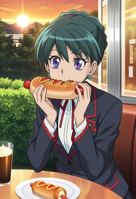 masterpiece,best quality,amazing quality,

1girl, solo, face focus,

Akari Yotsue (Cardfight Vanguard), short hair, green hair, braid, purple eyes, school uniform, jewelry, earrings,  neck ribbon, white shirt, blazer, long sleeves, pleated skirt,  white socks, shoes, black footwear,

cinematic, upper body, eating hotdog, 

Sit, sitting, glass, cafe, greenery, 

afternoon, sunset, 

Lens flare, bloom,

Official style, anime screencap, anime coloring,
















