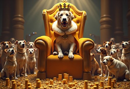 A majestic golden retriever sits on an ornate throne made entirely of buzz coins, stacked high like a royal seat. The dog wears a luxurious fur-lined cape, a crown with a lightning bolt emblem, and a smug, regal expression.
Around the throne, dozens of other dogs (of all breeds and sizes) kneel in absolute reverence, their tails wagging furiously. Some are offering up stacks of buzz coins like sacred tributes, while others look on in awe, eyes wide as if witnessing divinity.
A single chihuahua in the corner is dramatically fainting, overwhelmed by the sheer presence of the Buzz King.