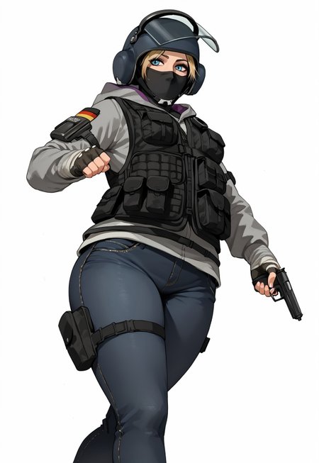 safe_pos, score_9, score_8_up, score_8,<lora:add-detail-xl:1>,white background,side view,from below,iq, iq \(Rainbow Six Siege\),  1girl,adult,solo,running,maneuver, aiming with pistol,looks  at side ,beautiful face,lips,beautiful eyes, blue eyes,  blonde hair,(curvy:1),small breasts,thick thighs,BREAK,mask, helmet, face shield,fingerless gloves, hoodie, long sleeves,jeans,bulletproof vest,thigh holster