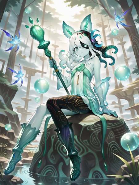 monster girl,icejade acti,1girl,solo,sitting on rock,floating rocks,green bubble,looking at viewer,full body,outdoors,parted lips,holding staff,staff,see-through body,see-through gloves,see-through dress,hair flower,bubble pipe necklace,cyan fairy,heterochromia,
masterpiece,best quality,amazing quality,very aesthetic,absurdres,newest,<lora:Icejade Acti illuXL v1.2:0.83>,