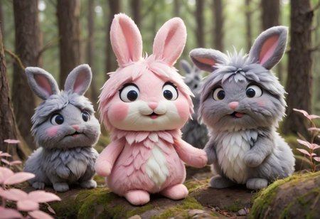 source_anime, Cute wonderful creatures, Microphotography, chibi, cute  fluffy rabbits ,pink and grey, in a dreamy forest, ispzxll, In a felt puppet world style,