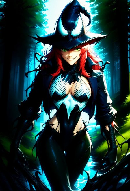 core_9, score_8_up, score_7_up,Stunning 25yo Woman, solo, 1 girl, model bombshell, beautiful, sensual, witch, warlock, Witches hat, wizard hat, white buttoned shirt, black tight pants, heavy blue coat, blue coat, silver necklace, dynamic sexy pose, round butt, long legs, volumetric lighting, long sleeves, vibrant red hair, angular face, sharp green eyes, rolled up sleeves, gloves, exposed forearms, forest background, fantasy forest, cropped jacket, leotard, center cutout black goo, she venom, liquid clothes, symbiote, symbiote teeth, venom_assimilation, gwenom, s1m13073, symbiote hat, claws, subtle muscle, showing skin, hip vents, exposed stomach, river, forest, night, claws, teeth, symbiote tentacles, symbiote webs, symbiote hanging from trees, smug expression, sly smile, InkBlast