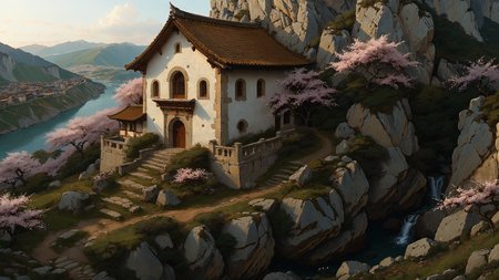 A cliffside monastery with terraced gardens, overlooking a valley where cherry blossoms bloom in the spring,, Top-down Lighting,, 8K, High definition, in the style of Artgerm, Makoto Shinkai, golden hour  <lora:detailed_notrigger:0.8>  <lora:EnvyFeverDreamXL01a:0.7>   <lora:The_Classic:0.8>