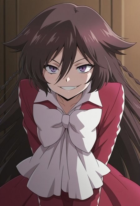 masterpiece,best quality,amazing quality, source_anime, 
PHalic, 1girl, solo, purple eyes, brown hair, very long hair, braid, dress, red dress, bow, white bow, grin,