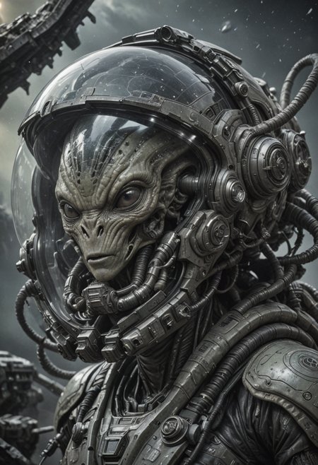 scifi alien space pilot,(movie poster),(cinematic lighting),(breathtaking),(detailed textures),(high resolution),(render), gritty, ((photo realistic)), scifi background, render,