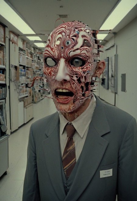 the man is a slicer: the slicer slices face's slices into further slices: the other man is the puller. The puller pulls the slices apart into planar sections dividing the entire image, and the face becomes a mask of incomprehension slit into an array of emigmatic glowing visions, both paranoiac and wildly schizoid