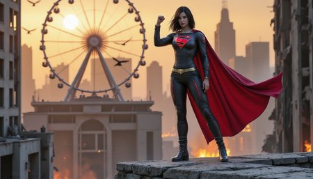hyper-realisitic, hyper-detailed, detailed clothing, detailed foreground, realistic shadow,  RAW photo,  realistic lighting, woman, aidmaponystyle, midjourney_whisper_innocent_eyes, supergirl, 
On the jagged ledge of a fractured skyscraper rooftop, a lone figure stands bathed in the first golden light of dawn, her profile sharp against the chaos of a broken city skyline. Her sleek black battle suit glistens with crimson accents — armored, functional, and embossed with a bold, stylized red "S" over her chest, pulsing faintly with energy. Her black hair whips across her face in strands, caught in the rising thermal winds, some falling into her eyes but not enough to shield the fire in her stare. With one boot braced forward on a cracked stone slab and her crimson cape unfurling violently behind her like a war banner, she raises a clenched fist at her side — not as a threat, but a promise. Her expression is pure defiance, lips tight with resolve, her jaw tense as if holding back the roar of all she's lost and all she still stands for. The ruined skyline behind her glows in the amber haze of a burning sunrise, casting elongated shadows across the Ferris wheel and fractured towers, some of them still smoldering from whatever storm had passed. Below, birds scatter in a frantic swarm, sensing a shift in the balance of things. The air is thick with tension and drifting ash, each ember a whisper of battles not yet finished. And she — battle-worn yet unbroken — is the eye of that storm. This is the moment before the next stand. Her body language says it all: no retreat, no fear, and no more time for mercy.
