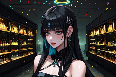 highly insanely detailed, masterpiece, top quality, best quality, highres, 4k, 8k, RAW photo, (very aesthetic, beautiful and aesthetic),  
beth_\(megami_tensei\),bethsmtii,shin megami tensei ii,long hair,black hair,straight hair,sleek black,jewelry,cross,headband,red_lipstick, 
<lora:zs_Beth:0>, 
(1girl:1.3), 1other, 
interior perfume shop modern style,black wooden and green light,brutal,Lava style,LAVA architecture,Chris Bosses,Chris Bosse,Chris Bosse architect,bio botanical,light auburn background,multicolored background,iridescent blue background,(colored confetti background),âââ
