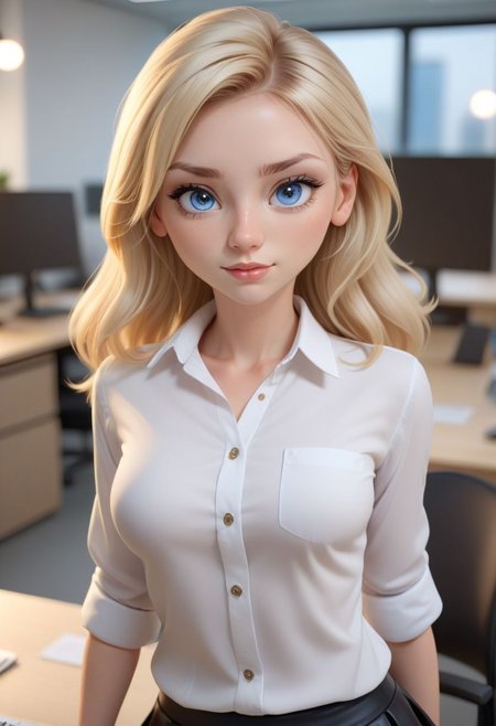 <lora:Dalila_Capea:1> blonde hair, light blue eyes, as toon character, 3d, looking at viewer, ((black micro mini skirt, white shirt, unbuttoned, cleavage)), beautiful perfect body, highres, masterpiece, at office, workplace, bokeh, deep of field,<lora:LKDN-Female:0.8>