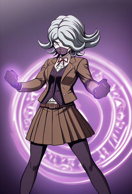 (((solo))), masterpiece, best quality, modern, modern anime, danganronpa_(series),<lora:Seiko_Kimura_Illustrious:1>, In the art style of Rui Komatsuzaki, artist: Rui Komatsuzaki, Danganronpa sprite style. . Seiko Kimura is wearing her despair arc Hope's Peak Academy uniform. She's wearing a brown blazer over a dark purple vest with a dark red bow at the collar. She's wearing a brown pleated skirt with a dark brown belt worn over her purple vest. She has on dark grey stockings going just above her knee and her hands are covered with dark purple gloves. Seiko is wearing her dark purple respirator mask covering her mouth and she has her shoulder length grey hair. Her hair covers her left eye.  Magician sidekick, start seal, magic circle, floating, glowing fingers, magic circle