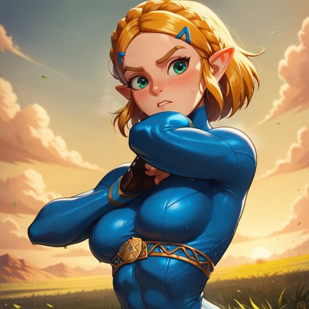 core_9, score_8_up, score_7_up, 
1girl, Marcille Zelda, solo, 
large breasts, 
blue latex, sweaty battlesuit dress, tight bodysuit,
Serious scared expression,
(fighting on battle field with her army,
Battle field Crown of medieval soldiers,
From breath of the wild, hyrule:1.1)
