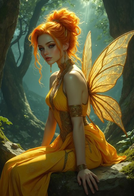 A visually stunning scene capturing the essence of beauty and emotion. Subject: A radiant fairy-like woman with fiery orange hair intricately styled into an elegant updo, adorned with golden leaves and sparkling strands of gossamer. Her almond-shaped eyes shimmer with a mesmerizing glow, reminiscent of molten amber, and her serene expression exudes wisdom and grace. Her flowing yellow gown cascades gracefully, featuring intricate embroidery of floral patterns intertwined with glimmering golden threads, enhancing her ethereal beauty. Fine jewelry adorns her arms, including a golden spiral cuff on her upper arm and delicate bracelets with charms shaped like blossoms. Her very large, translucent wings, veined like delicate leaves, glow softly with hues of green and gold, catching ambient light and adding to her mystical aura. Background: A lush and magical forest with towering, ancient trees forming a protective canopy overhead. Beams of sunlight pierce through the dense foliage, creating a dance of dappled light on the moss-covered ground. Bioluminescent plants and tiny fireflies emit a faint, magical glow, illuminating the serene environment. The woman sits atop a polished stone adorned with ancient floral engravings, blending seamlessly with the enchanting surroundings. Style: Hyper-realistic with vibrant and dynamic lighting, emphasizing intricate textures, exquisite embroidery, and glowing natural elements.