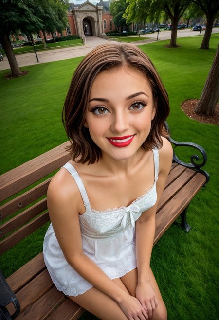 1girl, maya, brown hair, lipstick, sitting, blouse, from above, park bench,  small breasts, arch back flirt, smiling at viewer, natural, amateur, trees, outdoors, grass