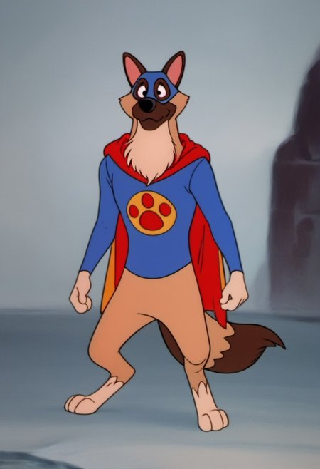 score_9, score_8_up, score_7_up, score_6_up, score_5_up, score_4_up, solo, W0nd3rD0g, Flash, Disney, anthromopmorphic Dog, cartoon, German Shepherd, erect ears, pink inner ear, long snout, black nose, black eyes, tan fur, beige chest, beige paws, brown snout, brown ears, brown tail tip, fluffy tail, fluffy chest, fluffy cheeks, thick neck, blue shirt, blue hood, yellow circle logo, red paw logo, red cape, pants less