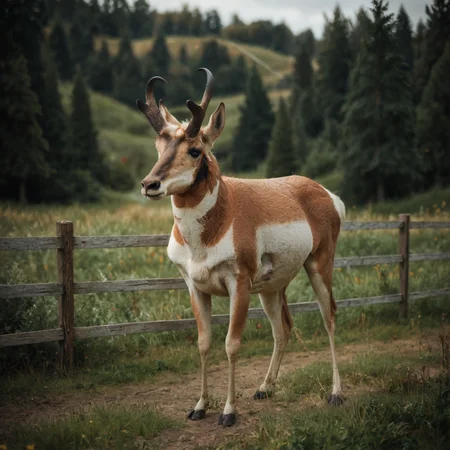 score_9, score_8_up, score_7_up, high resolution, ultra-detailed, absurdres, source_photo, pr0ngh0rn, feral, no humans, animal focus, realistic, animal, blurry, grass, blurry background, horns, outdoors, fence, looking at viewer, front view, (barn, farm, crop field), forest, pine, hooves  <lora:PronghornV1PONY:1>