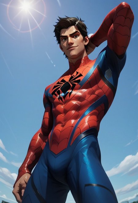 score_9, score_8_up, score_7_up, absurdres, intricate details, masterpiece, best quality, expressiveh,  source_anime, screencap, high quality cg, Peter, red and black hair, realistic, bodysuit, epic angle, smirk, sweaty, one arm behind head, low angle, dynamic angle, view from below, solo, male, 1boy