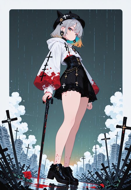 masterpiece, best quality, 

1girl, solo, mature woman, 
long grey hair, hair ornament, thick thighs, colored inner hair, flat chest, chubby, ((chubby thick legs)), no socks,

dynamic pose, jumping, legs focus,


dynamic view, looking at viewer, dutch angle, 

emotion less, ((blood stained clothes, bloodstained sleeves)), holding blood stained sword,

BREAK Gothic style, white hoodie, inverted cross, lace high collar, black corset vest, black fishbone skirt, black shorts, black Mary Jane shoes, cross necklace, black bell-shaped hat, rose brooch, belt, small cane, sleeves with black cross pattern,


((from side)), from below, dynamic perspective, (close up), full body shot,

gradient emerald background with thick white border, abandoned city scape, symmetric thick clouds, raining, rainbow in background,
((action shot)), 

flatline, flat color,
 fl4t,