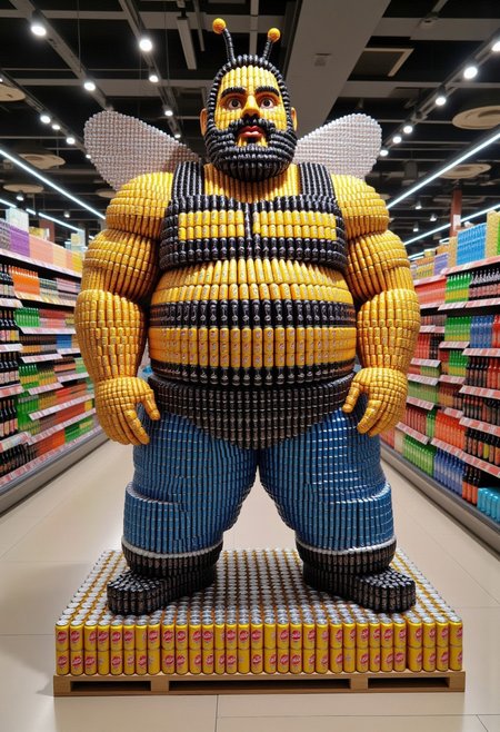 The image is a high-resolution photograph of an elaborate, creative arrangement inside a well-lit supermarket aisle. The centerpiece is a meticulously crafted, life-size model of  Full body portrait shot, A giant fat man with a beard who is dressed as a bumble bee, in a crop top tank top, jeans that are skin tight, constructed entirely from cans of soda, along with the word "BUZZ DADDY".